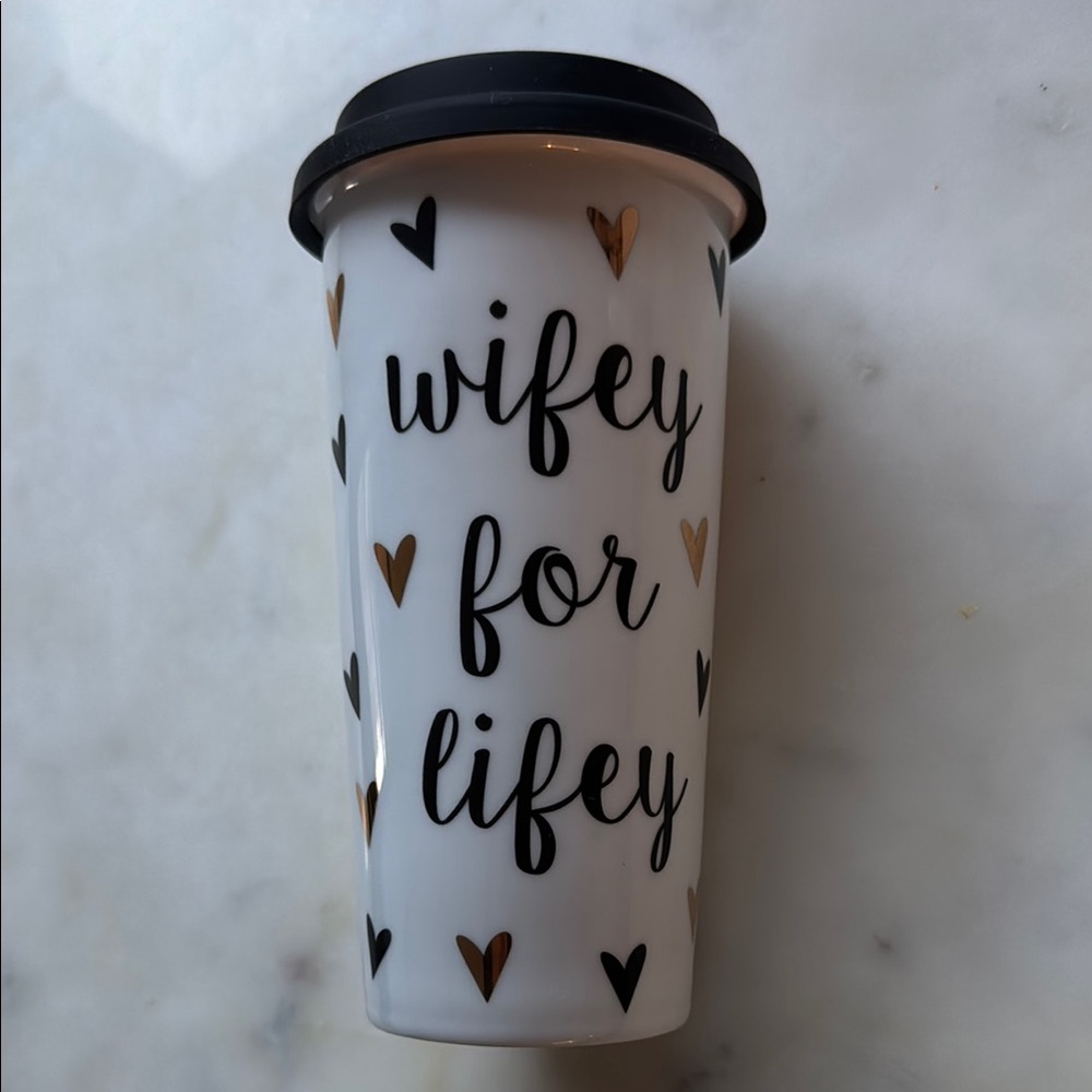 Wifey for Lifey White Ceramic Mug with Black and Gold Hearts from David’s Bridal